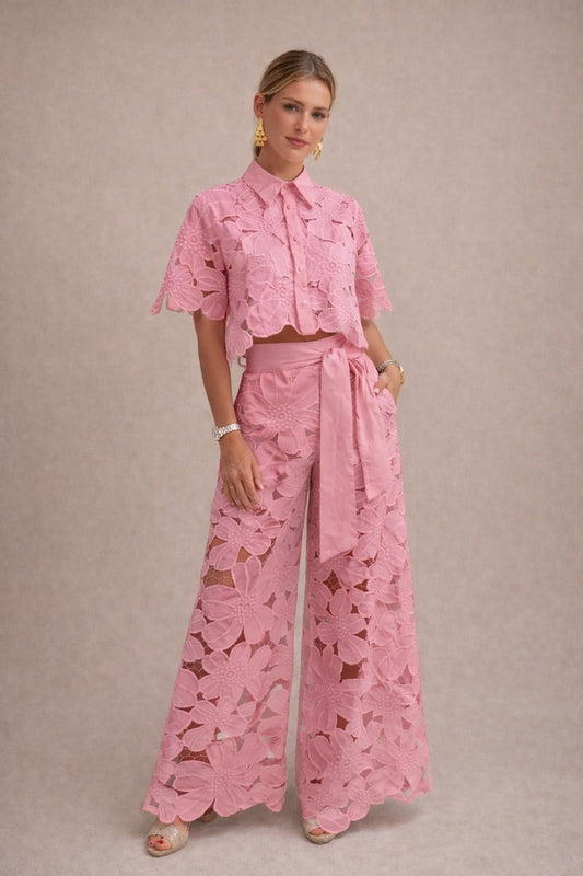 Women’s Pink Lace Co-Ord Set Short Sleeve Shirt & Wide Leg Trousers