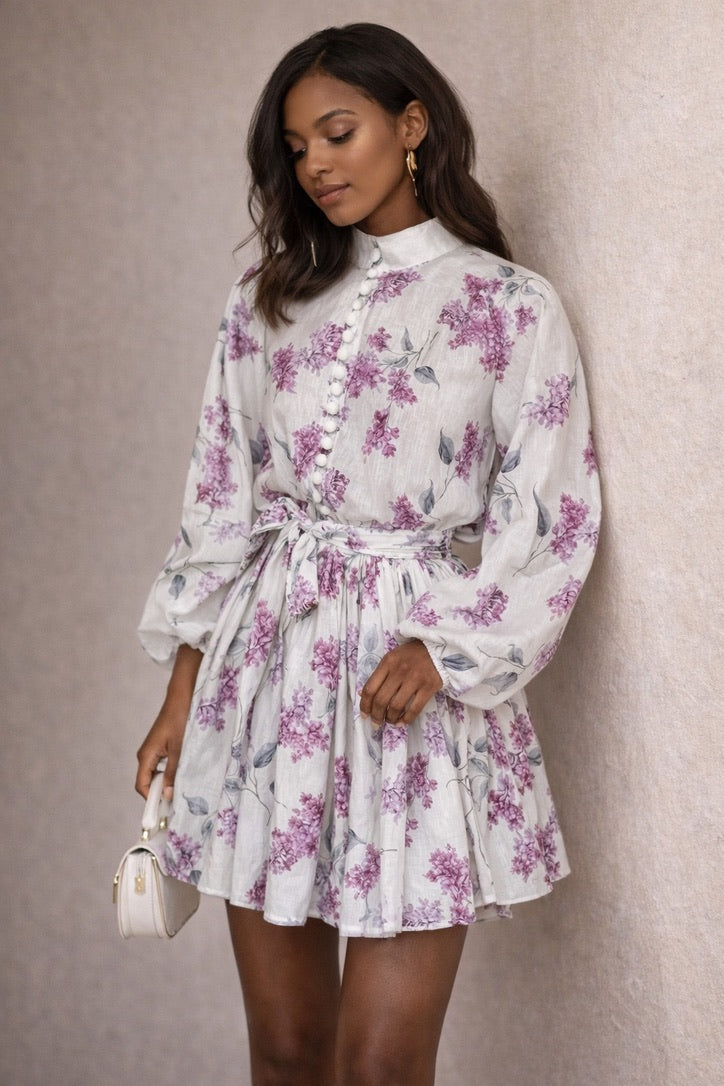 Women’s Purple Floral Mini Dress Long Sleeve Belted Summer Dress