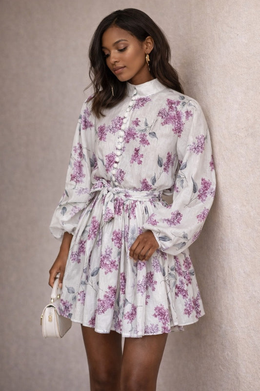 Women’s Purple Floral Mini Dress Long Sleeve Belted Summer Dress