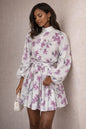 Women’s Purple Floral Mini Dress Long Sleeve Belted Summer Dress
