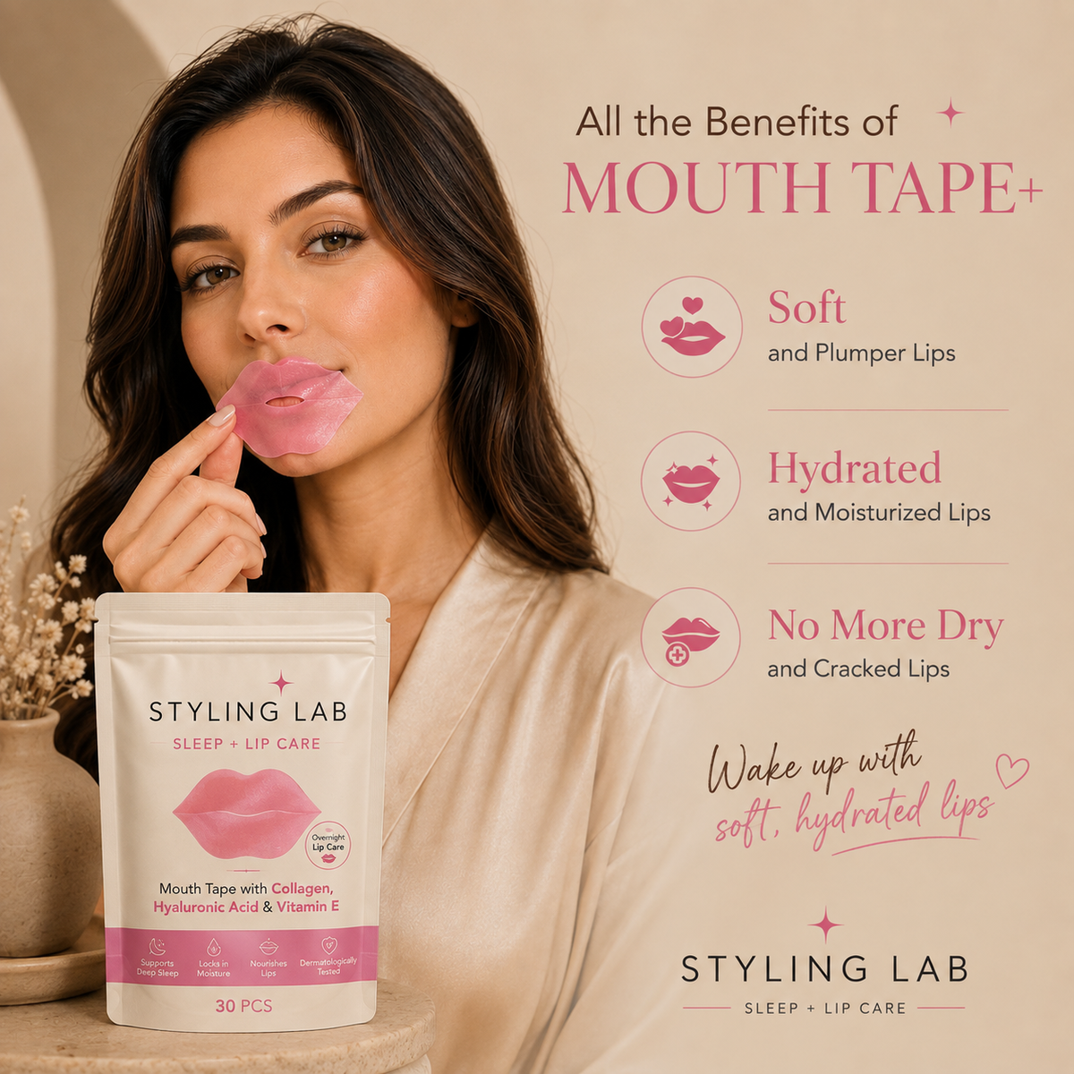 Mouth tape collagène Styling Lab — patch lèvres 2-en-1 pour la nuit, sachet de 30 patchs