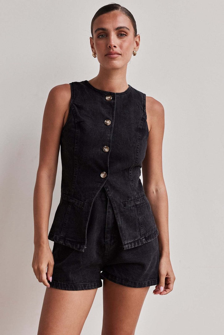 Women’s Black Denim Co-Ord Set  Sleeveless Button Top & Shorts
