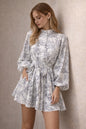 Women’s Grey Floral Mini Dress Long Sleeve Belted Casual Dress