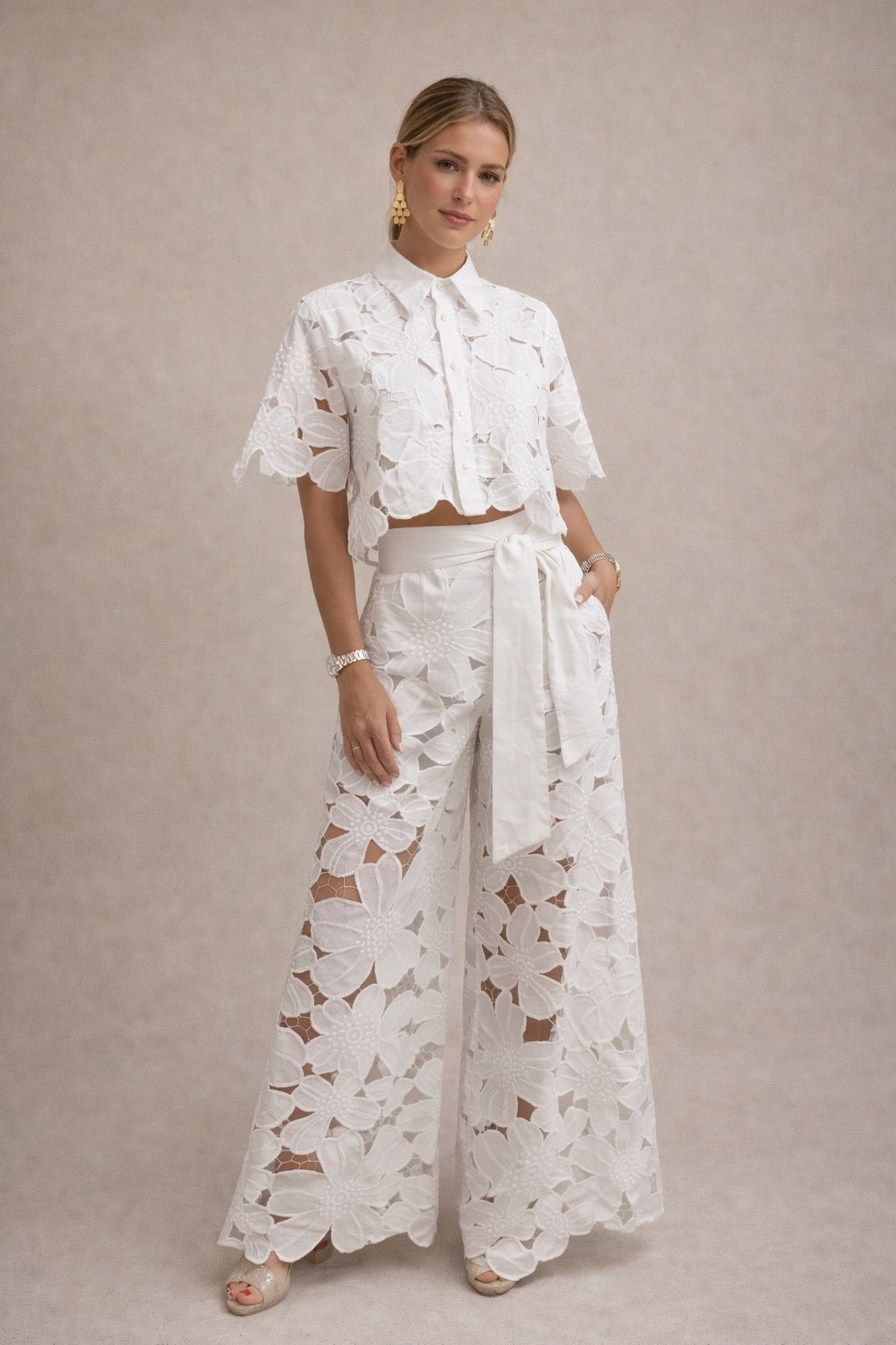 Women’s White Lace Co-Ord Set Short Sleeve Shirt & Wide Leg Trousers