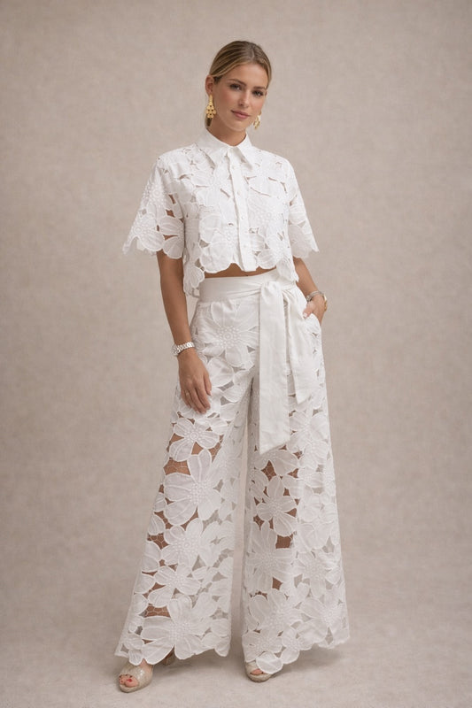 Women’s White Lace Co-Ord Set Short Sleeve Shirt & Wide Leg Trousers