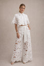 Women’s White Lace Co-Ord Set Short Sleeve Shirt & Wide Leg Trousers