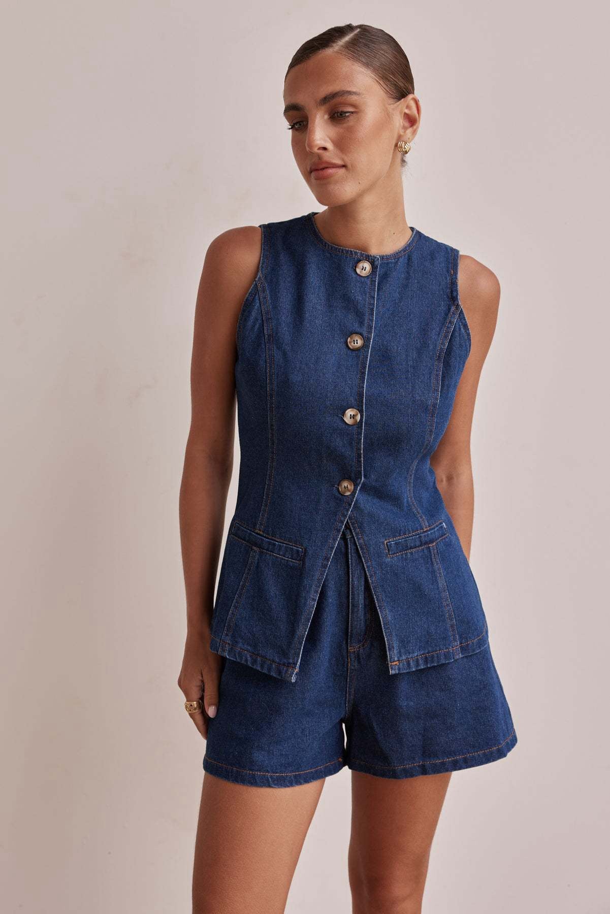 Women’s Dark Blue Denim Co-Ord Set – Sleeveless Button Top & Shorts