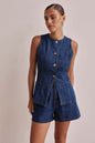 Women’s Dark Blue Denim Co-Ord Set – Sleeveless Button Top & Shorts