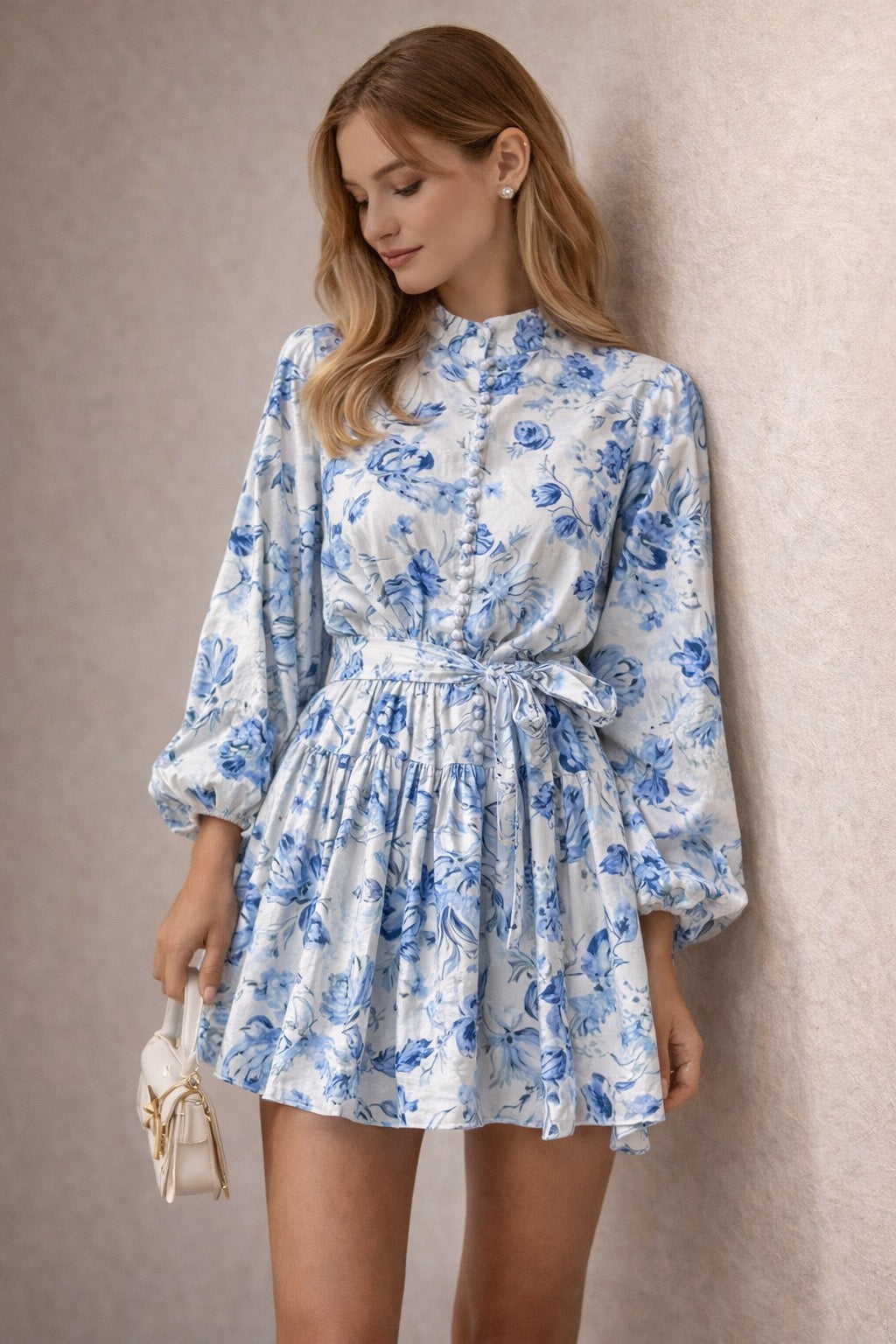Women’s Blue Floral Mini Dress Long Sleeve Belted Summer Dress