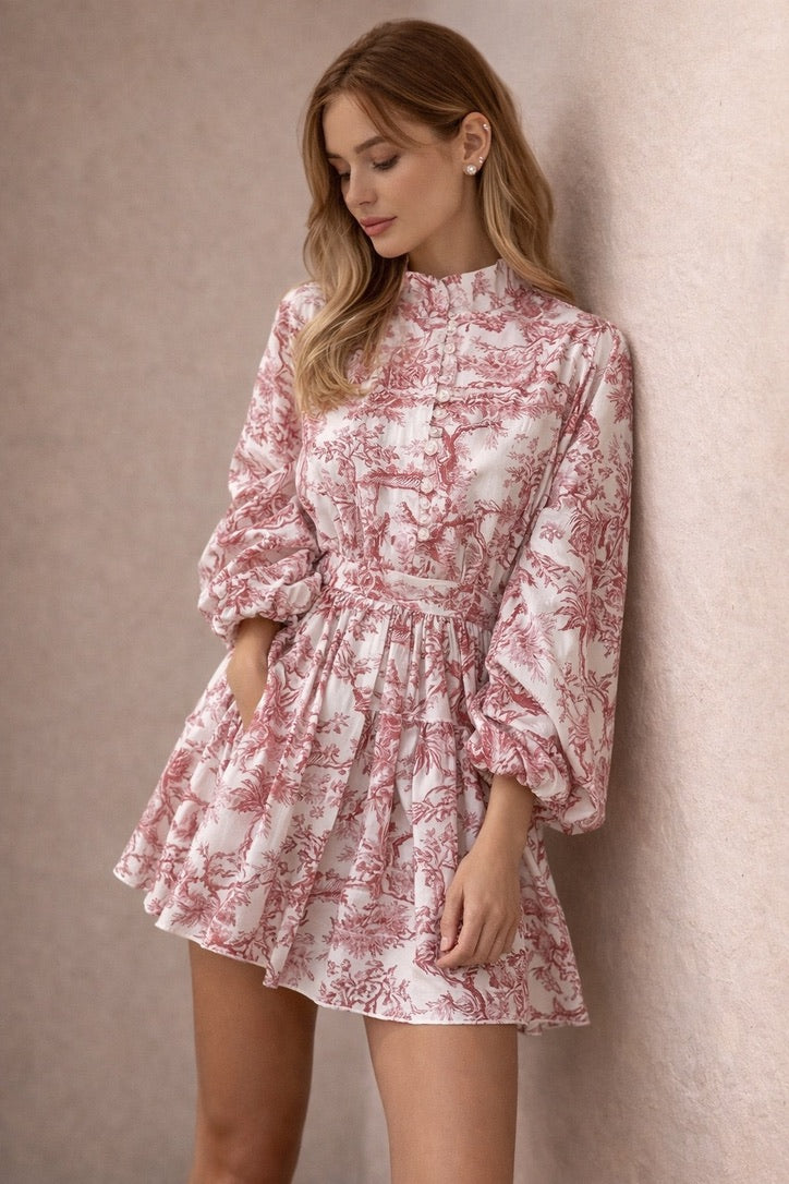 Women’s Pink Floral Mini Dress Long Sleeve Belted Summer Dress