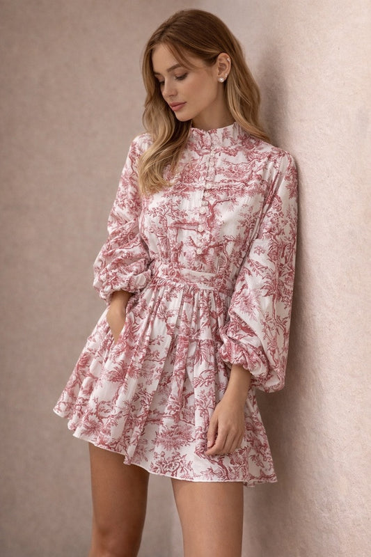 Women’s Pink Floral Mini Dress Long Sleeve Belted Summer Dress